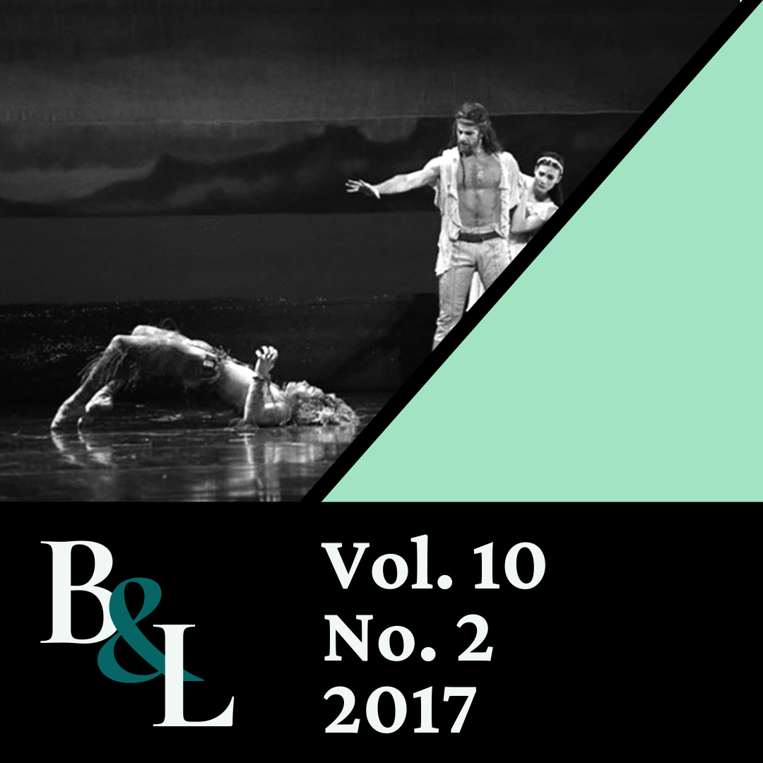 Issue Cover text: B&L, Vol. 10, No.2, 2017. Image: Three dancers on a dark stage, one as Prospero controls Ariel who struggles on the floor.