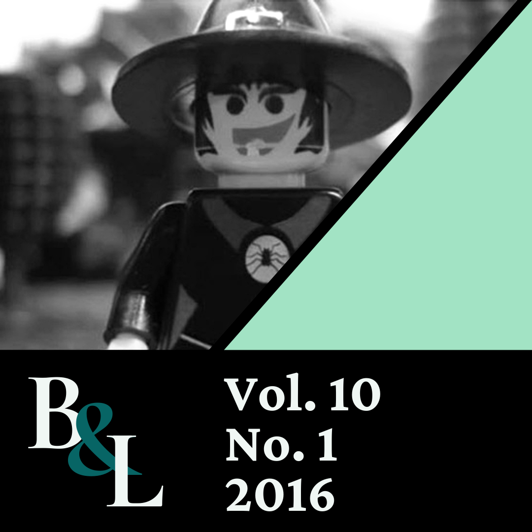 Issue Cover text: B&L, Vol. 10, No. 1, 2016. Image: A lego figure in a dark outfit and hat smiles.